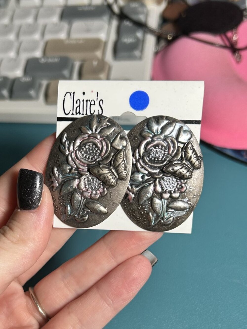 Vintage Claire's Floral Butterfly Statement Stud Earrings Silver Tone NOS